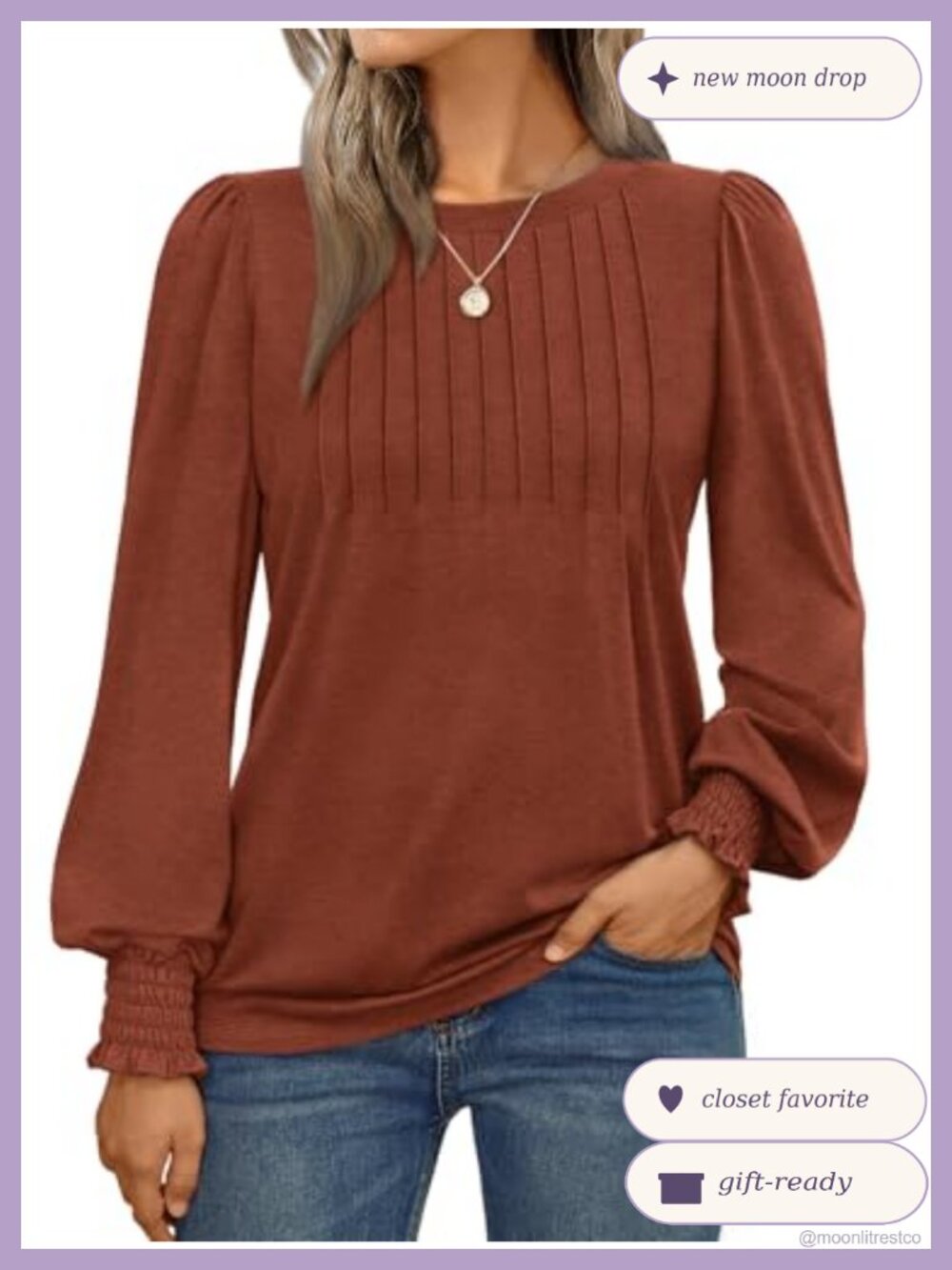 Womens Long Sleeve Pleated Front Blouse Crew Neck Business Casual Top